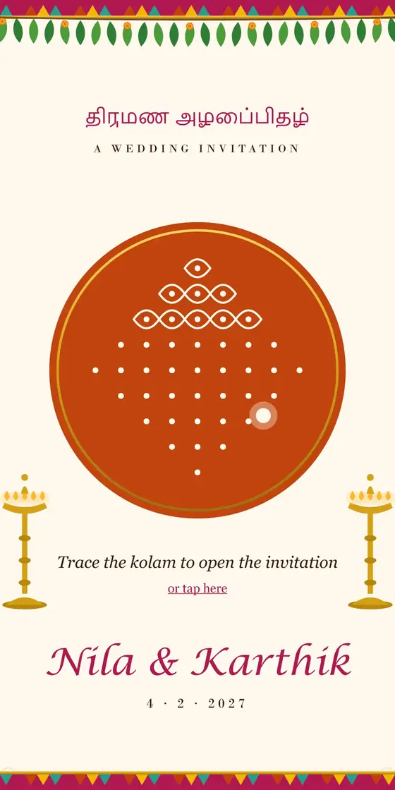 Kolam & Kovil wedding invitation preview